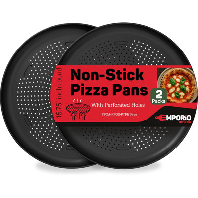 Non-stick Pizza Pan 2 Pack – 16 Inch Round Carbon Steel Pizza Tray With Perforated Holes, Pfoa\pfos\ptfe-free, Dishwasher & Oven Safe Up To 450°f, Durable Nonstick Gray Coating