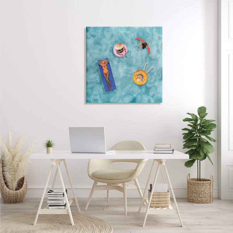 Groupe de personnes se prélassant dans des jouets de piscine d'eau - Peinture, H 30 po x l 30 po x P 1,5 po, Toile tendue