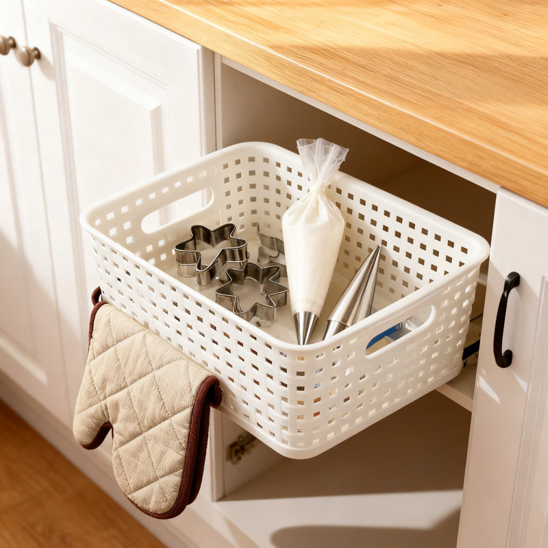 Plastic Woven Storage Baskets With Handles, Multipurpose Organizer Bins For Home, Office, And Classroom, 6-Pack