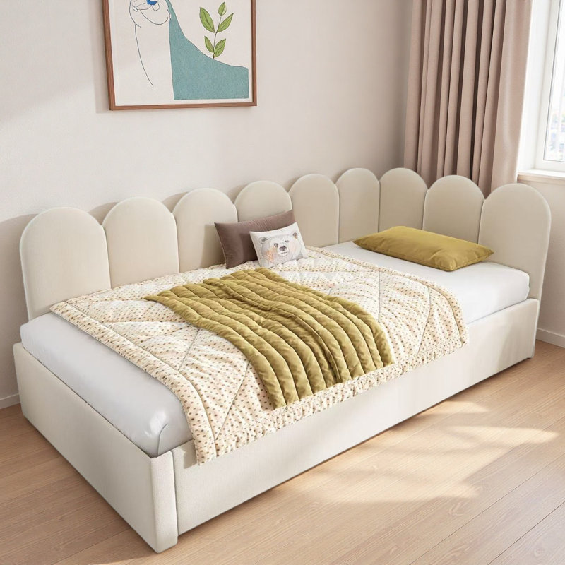 Lit de jour rembourré avec panneaux latéraux réglables et roulettes, Beige