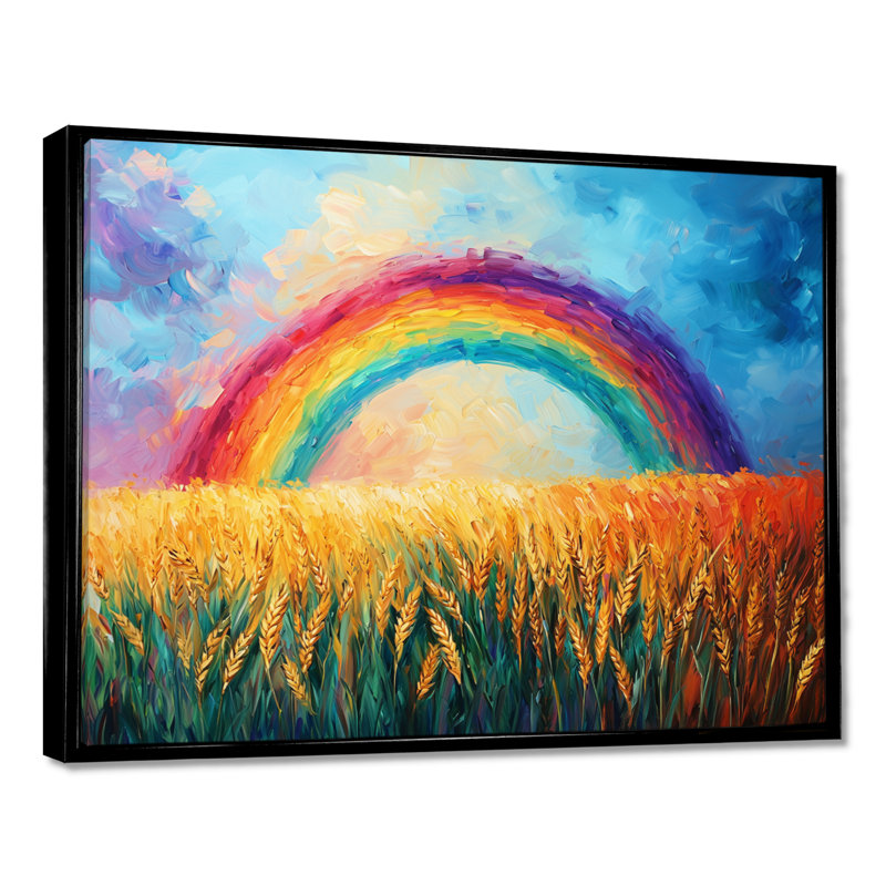 «Countryside Rainbow Over The Wheat Fields I» - art mural arc-en-ciel, H 34 po x l 44 po, Cadre flottant noir