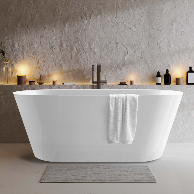 67'' x 30'' Acrylic Freestanding Bathtub Contemporary Stand Alone Deep Soaking Tub with Center Drain, Glossy White
