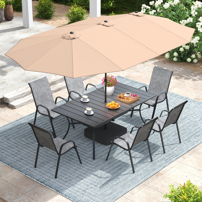 6-Person Rectangular Patio Dining Set With Umbrella & Textilene Stackable Chairs, Gray/Beige