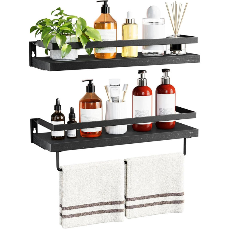 2 Piece Wall Shelves for Bathroom, Kitchen, Bedroom, Bathroom Shelf with Towel Bar, 5.12" H x 16.54" W x 4.72" D, Brown