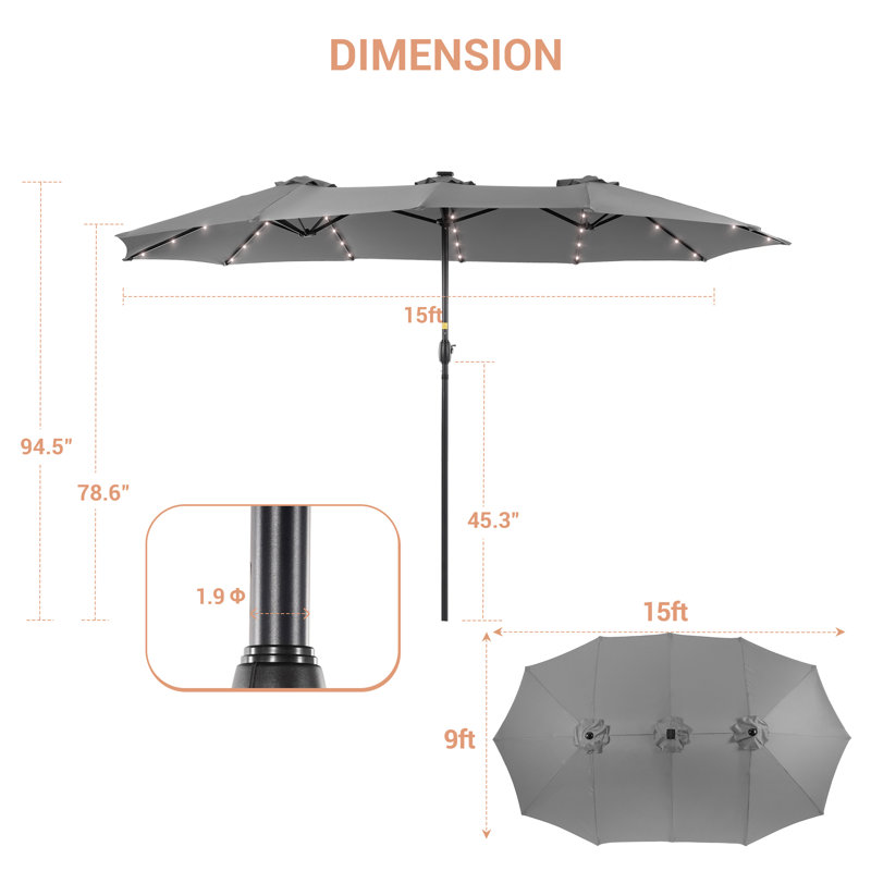 Lyles 15'x9' Rectangular Lighted Market Umbrella, Grey