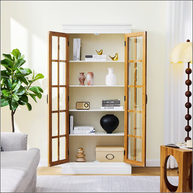 71.2'' Tall Display Cabinet With Glass Doors, Brown/Cream White