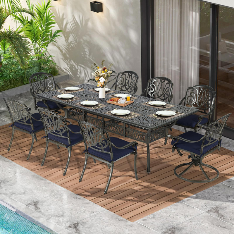 Meetwarm 9-Piece Outdoor Patio Dining Set, All Weather Cast Aluminum Patio Funiture Table And Chairs Set- 94.5" Rectangular Table And 2 Swivel Rocker Chairs, 6 Stationary, Umbrella Hole