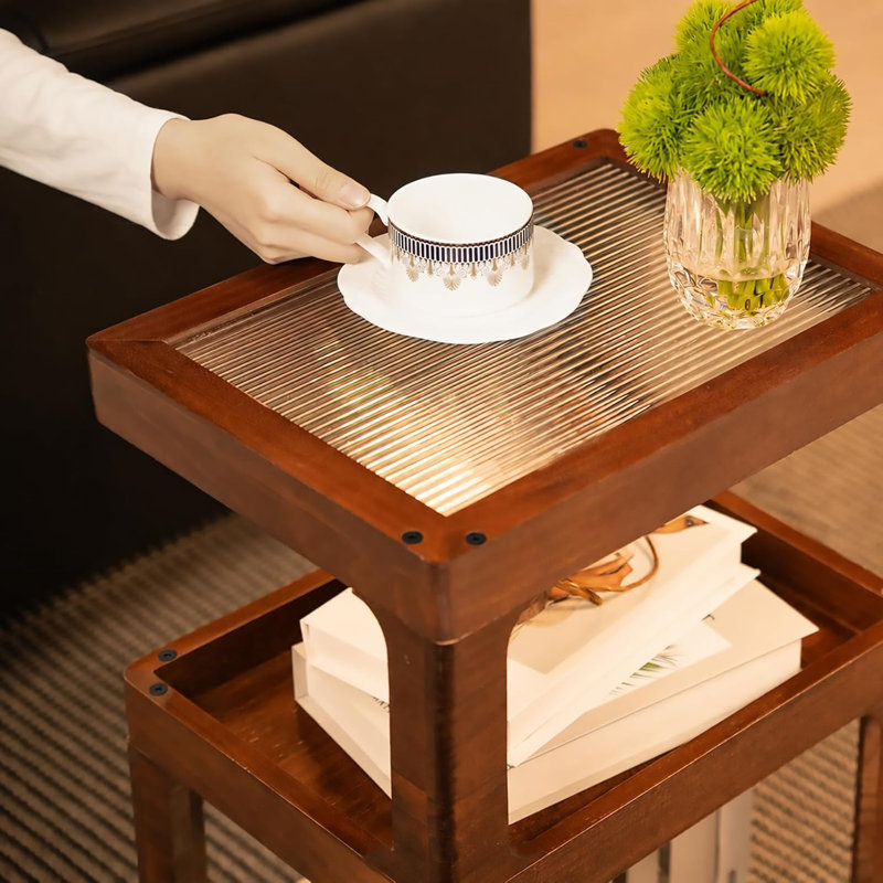 Table d'appoint en bois massif, petite table de bout à 3 niveaux, table d'appoint brune 100% pin, plateau en acrylique cannelé, style rétro géométrique, table de bout MCM, rangement ouvert, pour salon, canapé, chambre à coucher, étroit