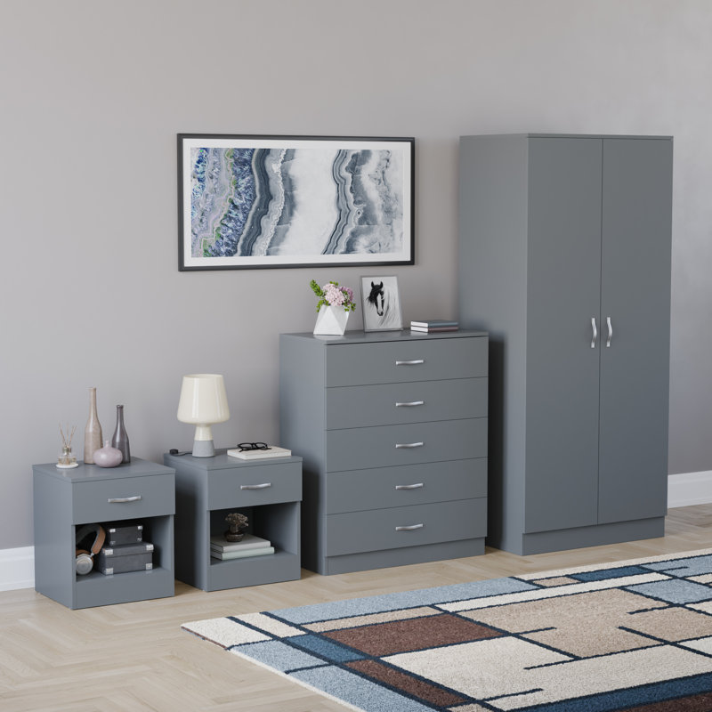 Tayce 4 Piece Bedroom Set (1 Drawer Bedside Cabinet X2, 5 Drawer Chest, 2 Door Wardrobe), Grey
