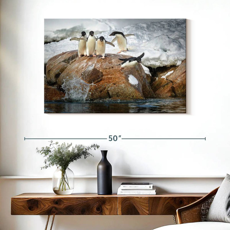 Penguins Diving Into Water, 26" H x 39" W