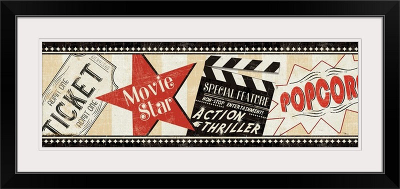 «Movie Night», publicité vintage par Pela Studio - impression d'art graphique, H 20 po x l 44 po x P 1 po, Cadre noir