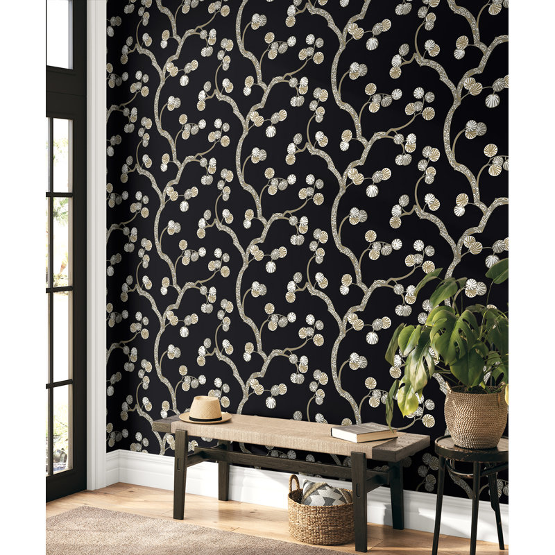Papier peint non tissé Seabrook Designs Rhino Allegra Branches, Noir et or