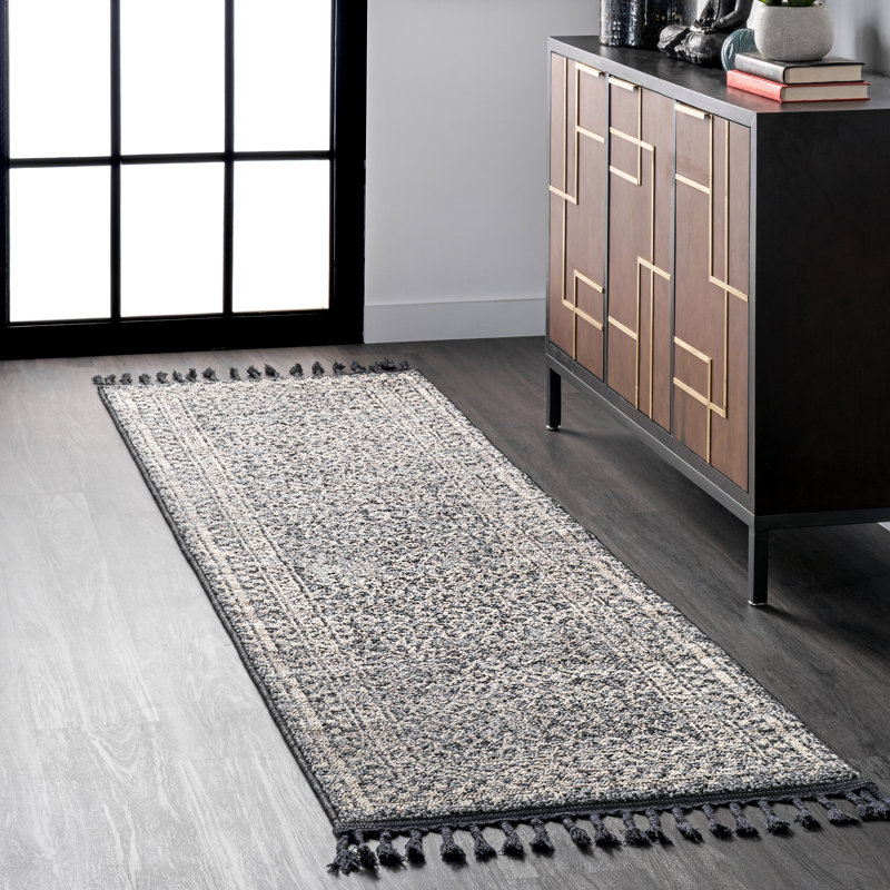Tapis à motif géométrique bleu / noir / gris Aticus, Rond 6 pi