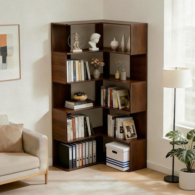 6 Tier Corner Bookshelf, 66" Tall L Shaped Bookshelf With Baffle, Freestanding Display Corner Shelf, Wooden Bookcase With Open Shelf Units For Living Room, Bedroom, Home Office, Walnut