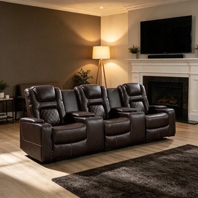Modern 3‑Seat Faux Leather Reclining Home Theater Sofa For Living Room With Armrest Compartments & Built‑In Charging Ports