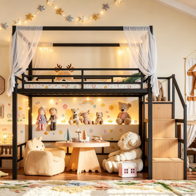 Full Size Loft Bed with Storage Stairs and Wardrobe,Loft Bed with Canopy Frame and Ample Underbed Space,Space-Saving Loft Bed Frame for Small Bedrooms and Dorms,Black.
