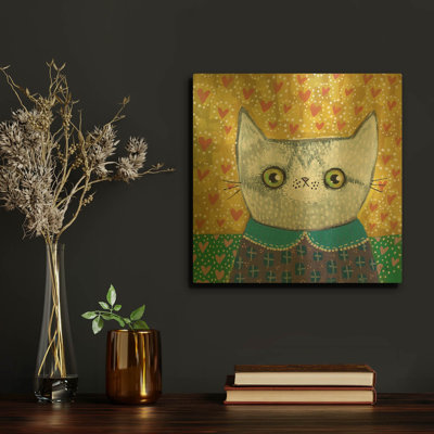 «Kooky Cat 2» par Melissa Averinos, art mural en métal doré, 12 po x 12 po