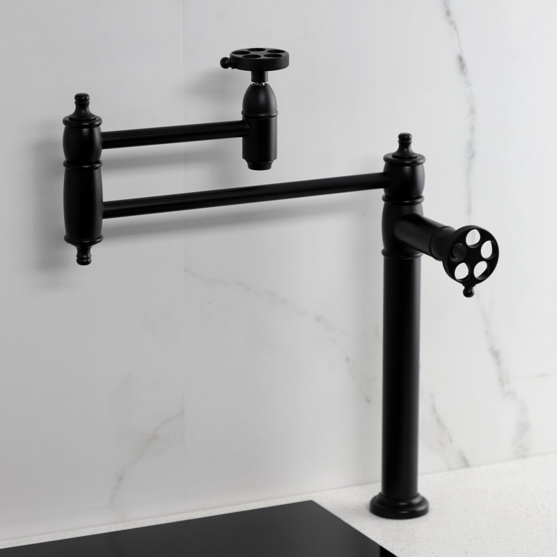 Kingston Brass Wendell Two-Handle 1-Hole Deck Mount Pot Filler Faucet with Knurled Handle, Matte Black