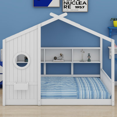 Lit maison pour tout-petits avec toit et tablette de rangement Montessori