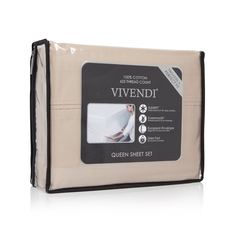 Ensemble de draps 100% coton 625 fils 4 pièces , Brun clair Oxford, Ensemble de draps pour grand lit + un drap-housse 