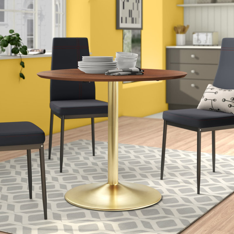 Walborn Round Metal Base Dining Table, Gold, Walnut
