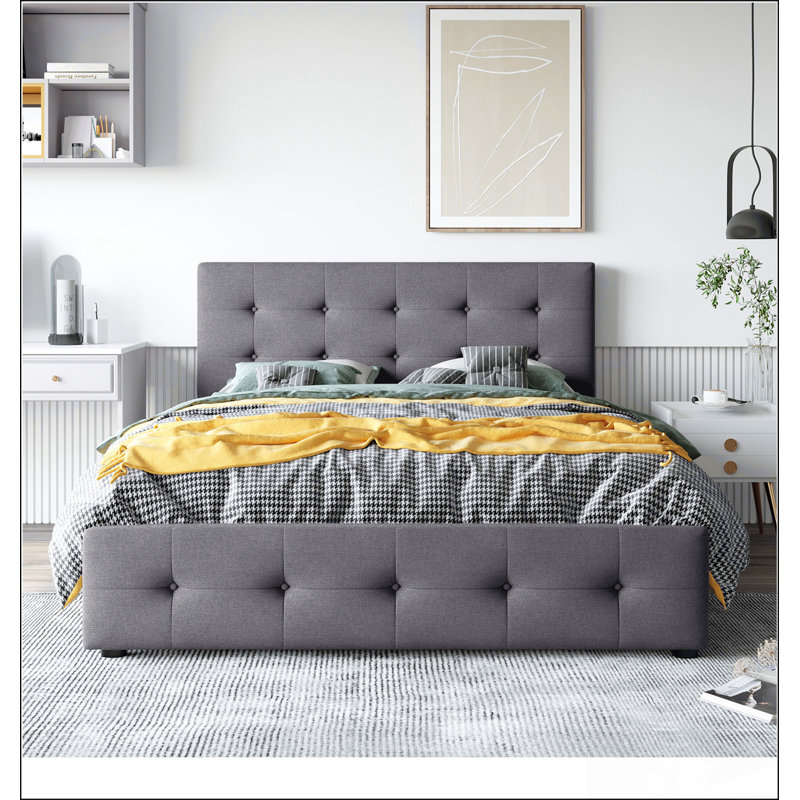 Lit plateforme tapissier avec tête de lit classique et 4 tiroirs, aucun sommier nécessaire, tissu en lin, Gris foncé