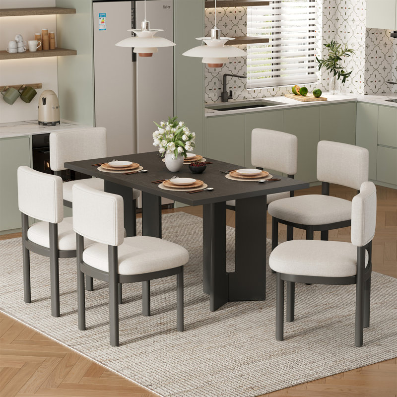 Ensemble de table de salle à manger en bois pour 6 personnes avec 6 chaises rembourrées Trexm, Gris