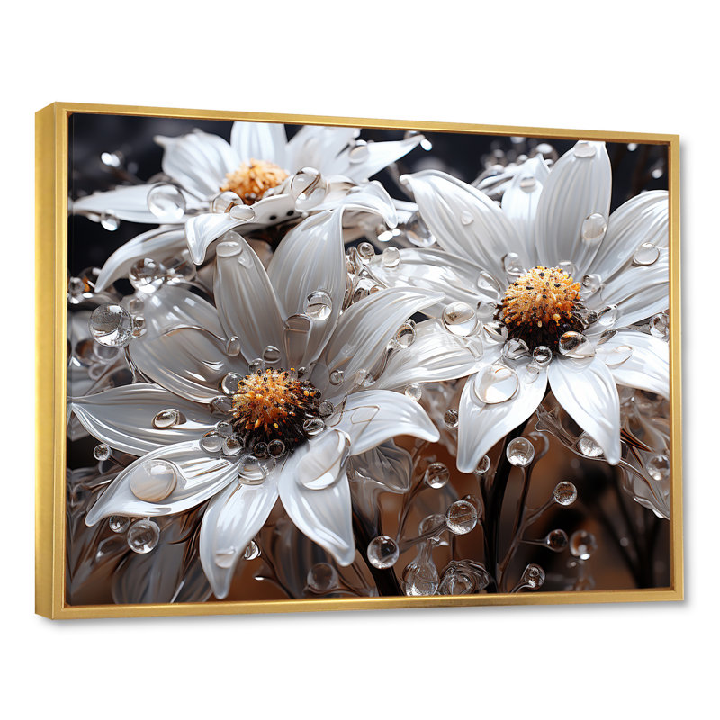 Tournesols blancs transparents à luminescence sur toile, Cadre flottant doré, H 24 po x l 32 po x P 1 po