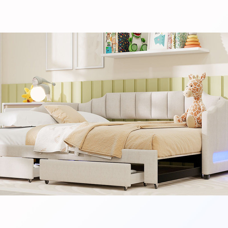 Twin XL Size Extendable Upholstered Daybed with Drawers and LED Light, Beige