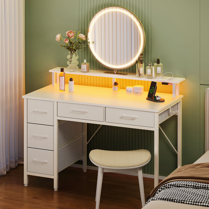Computer Desk with Monitor Stand & Charging Station, Gaming Desk with LED Lights &  Drawers, 35.2" H x 47.2" W x 18.5" D