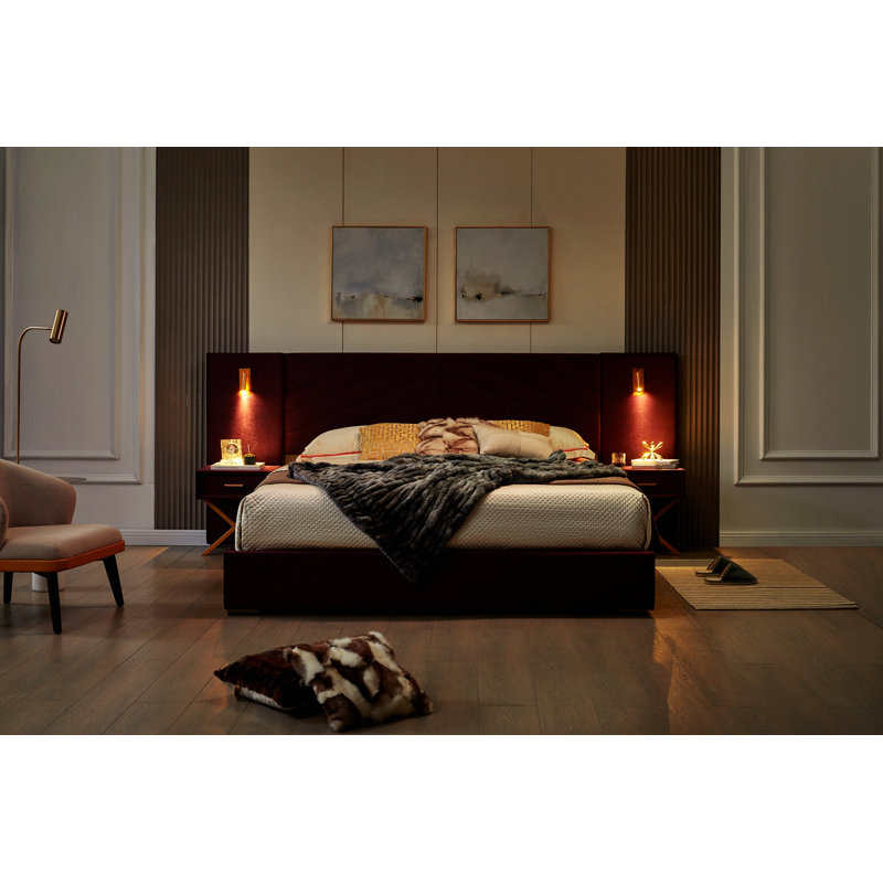 Cadre de lit, lit plateforme tapissier avec tête de lit, Grand lit, Rouge