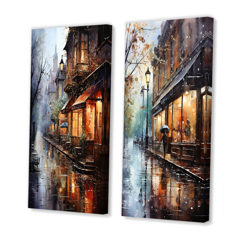 1950S Street In Paris Impression - Stores & Shops Canvas Wall Art Set Of 2, 28" H x 25" W, Wrapped Canvas