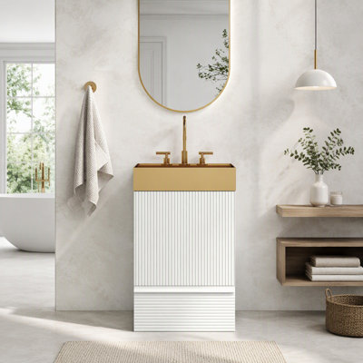 Meuble-lavabo rayé en velours avec lavabo vasque en métal brossé intégré, armoire autoportante pour salle de bain moderne, lavabo une pièce doré sans robinet