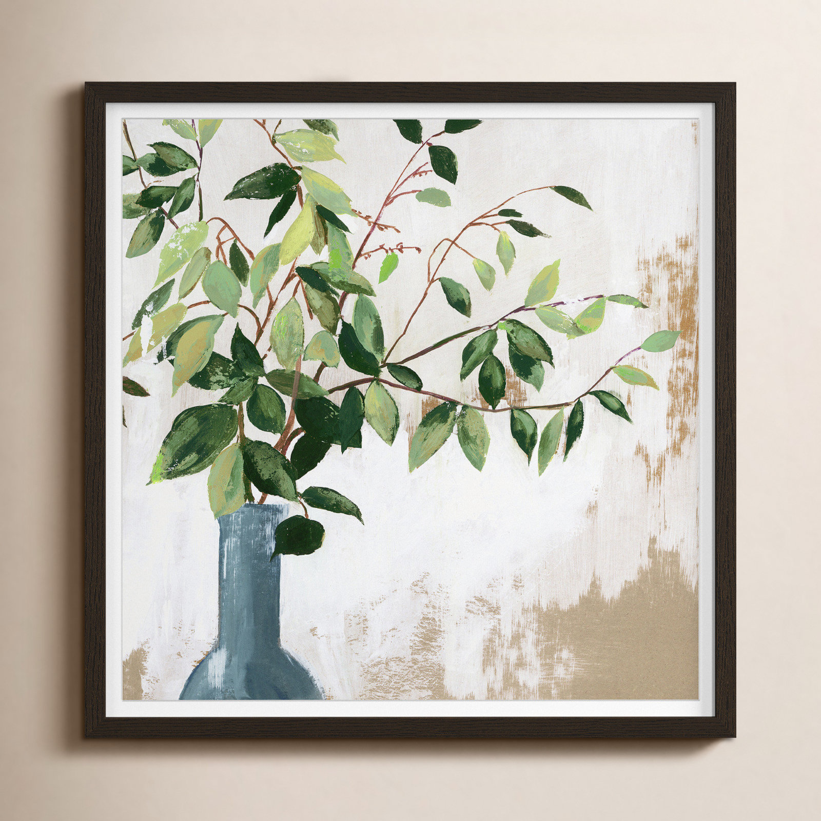 Green Fall Leaves by Asia Jensen - Picture Frame Painting, 32" H x 32" W x 0.75" D, Walnut Framed