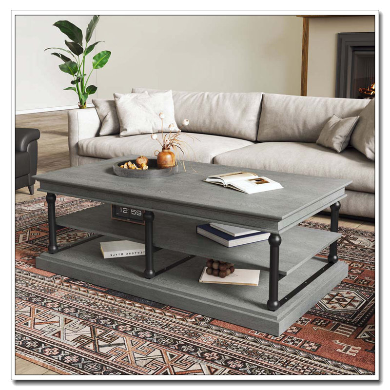 Table basse en bois 55,1 "avec pieds noirs, 2 tablettes de rangement ouvertes, Gris, Gris noir