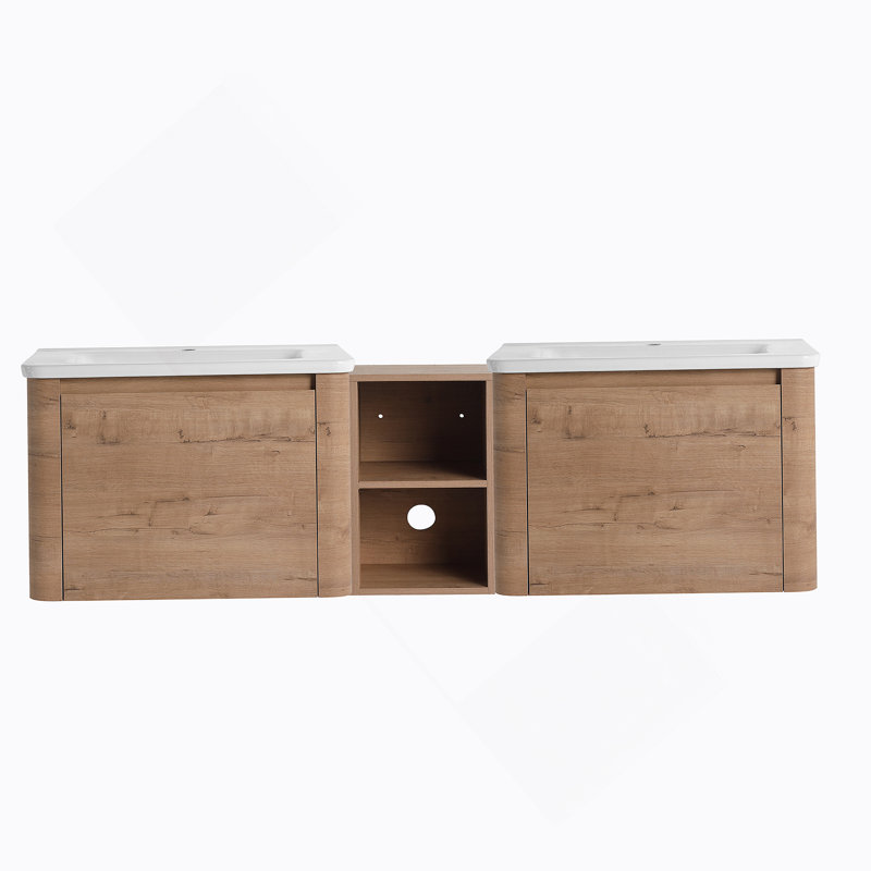 Meuble-lavabo mural de 68 po avec lavabo en céramique blanche et tablettes de rangement et 1 porte à fermeture en douceur, emballage KD, contreplaqué
