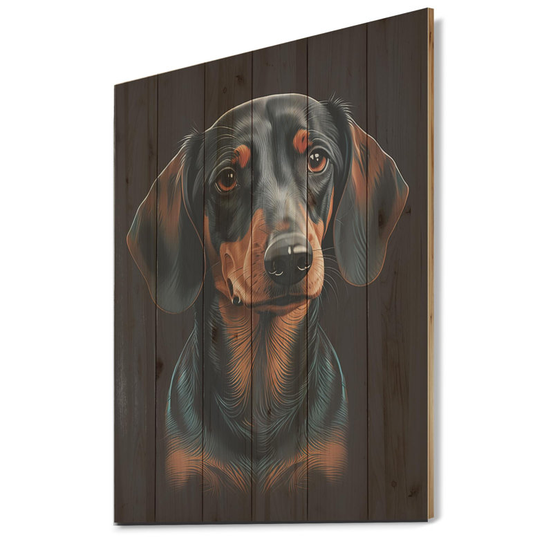 Portrait de teckel noir et brun - Reproduction d'art de chien teckel, L 12 po x H 20 po x P 1 po, Bois
