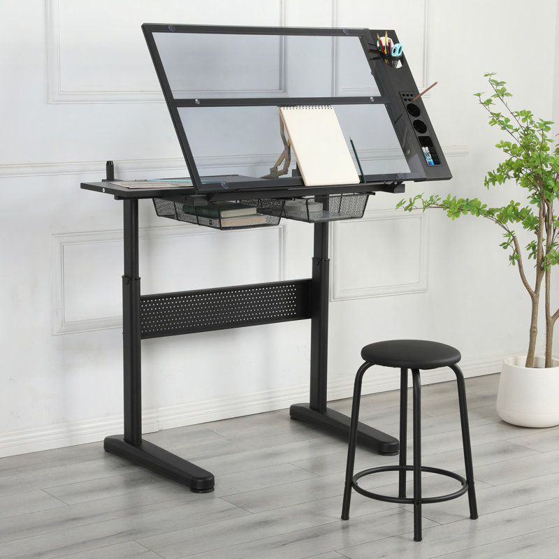 table à dessin à manivelle réglable avec 2 tiroirs en métal AVEC TABOURET