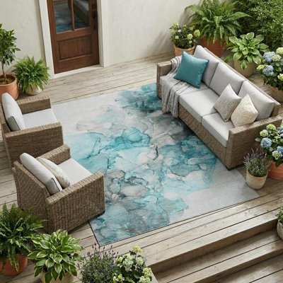 10' X 14' Teal and Grey Abstract Washable Indoor Outdoor Area Rug