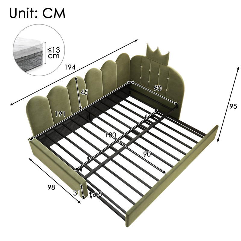 3ft Daybed With Trundle Bed Velvet Green, Green