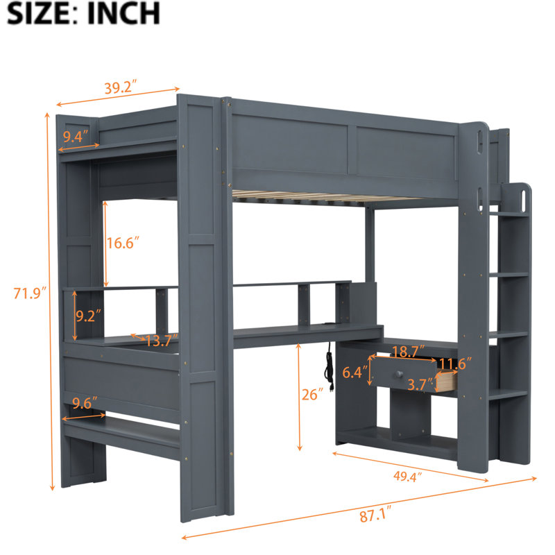 Lit mezzanine gris foncé avec bureau d'étude en bois, rangement multiple, DEL, espaces de rangement pour jeux vidéo, DEL, poste de travail