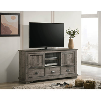 Contemporary TV Stand 1Pc Weathered Wood Finish Metal Hardware Sliding Doors Open Shelves Lower Drawers Wooden Living Room Furniture Dark Gray