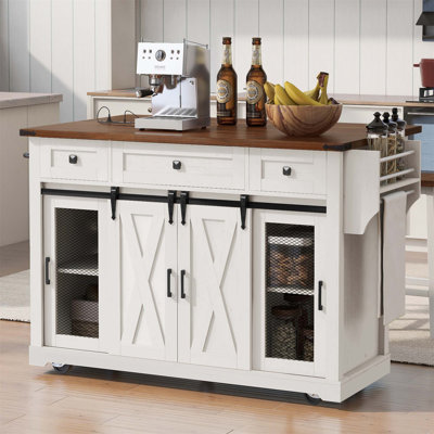 Îlot de cuisine de 58 pouces avec porte de grange coulissante, porte latérale en métal et roulettes pour un rangement polyvalent et une grande mobilité