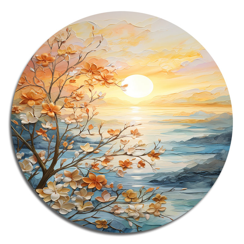 «Bold Sunrise Eernal Renewal I - Paysages», art rond en métal, H 36 po x l 36 po