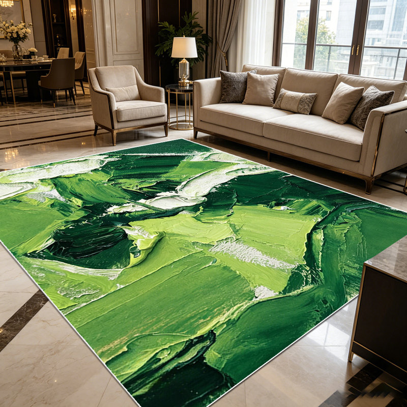 1PC Abstract Thick Green White Oil Painting Impasto Texture area rugs for Living Room, Soft and Comfortable, Suitable for all seasons, easy-to-maintain, machine washable Indoor floor mat, Under Table Farmhouse suitable for dining room, bedroom,