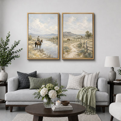 Western Cowboy Ranch Landscape Artwork, Living Room Pictures, Framed Canvas Giclee Print 2 Pieces Wall Art