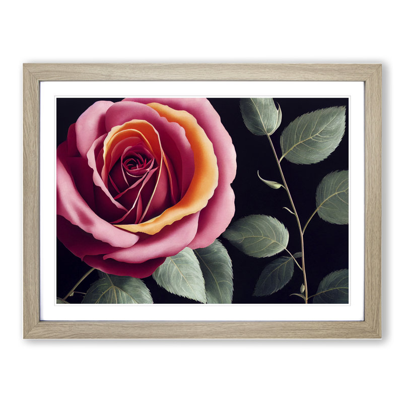 Beaming Rose Flower - Single Picture Frame Print, 46cm H x 64cm W x 2cm D, Oak