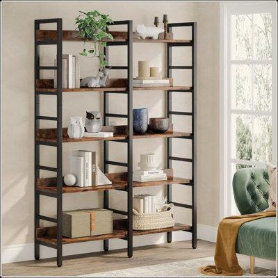5-Tier Industrial Bookshelf, Double Wide Rustic Open Shelf Bookcase for Living Room, Office & Kitchen