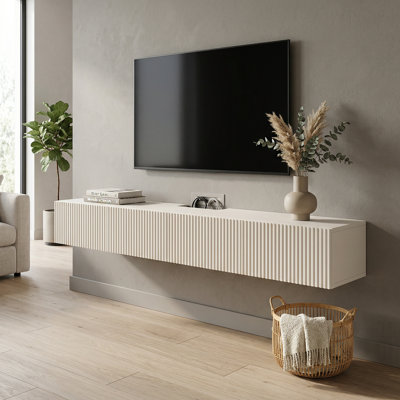 47" Wide Fully Assembled Floating Tv Stand With Fluted Front And 2 Drawers, White