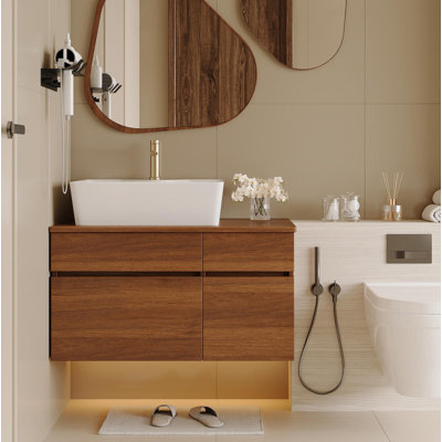 Petit meuble-lavabo flottant 31,5 pouces avec lavabo, meuble-lavabo mural simple pour économiser de l'espace, meuble-lavabo flottant moderne avec rangement